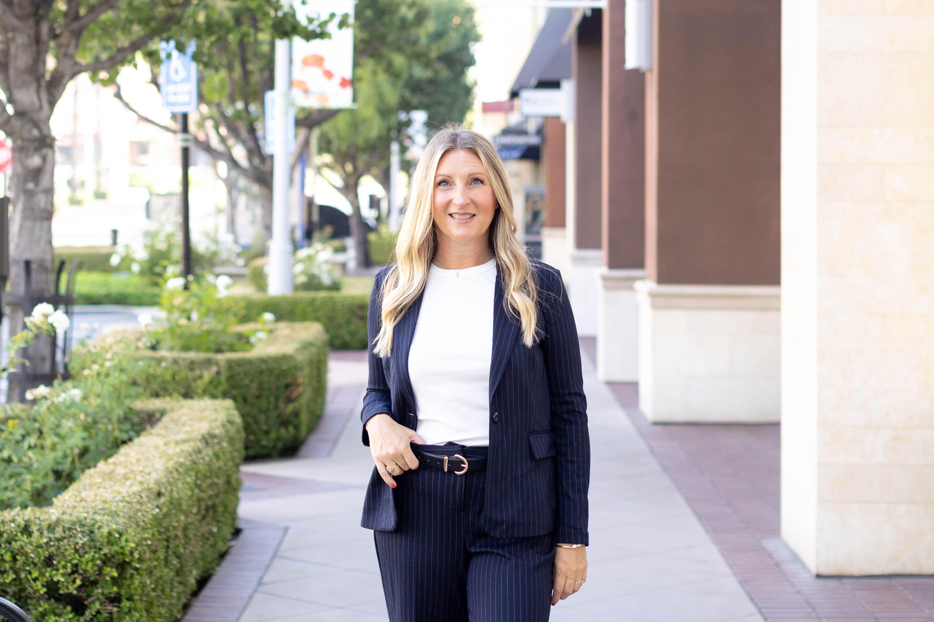 Meagan in blue pant suit at the Shoppes in Chino Hills